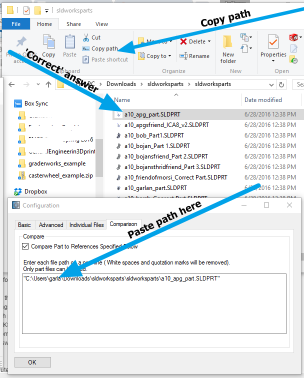 Copy the correct path the configuration window. Arrows pointing at key locations. 