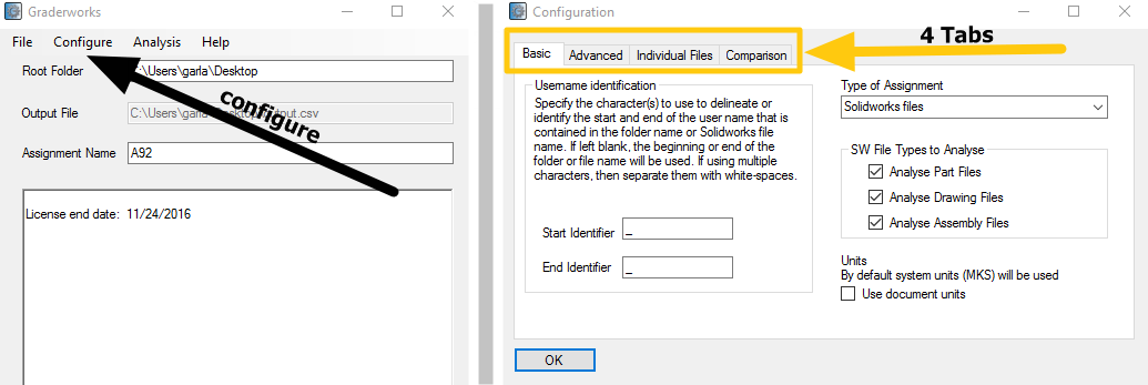 Configuration menu and the 4 tabs in the configuration window. 